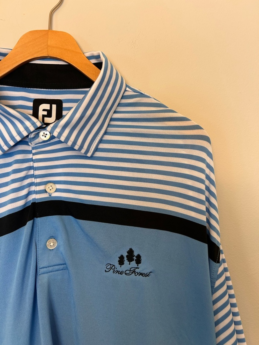 FootJoy Blue and White Striped Golf Polo with Black Accent